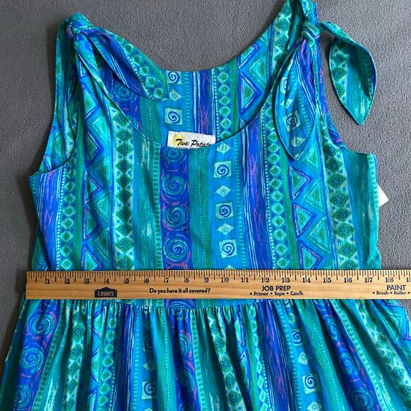 Vtg 80s 90s Two Potato Blue Artsy Midi Tiered Tie Shoulder Dress M Resort Wear - Picture 11 of 16